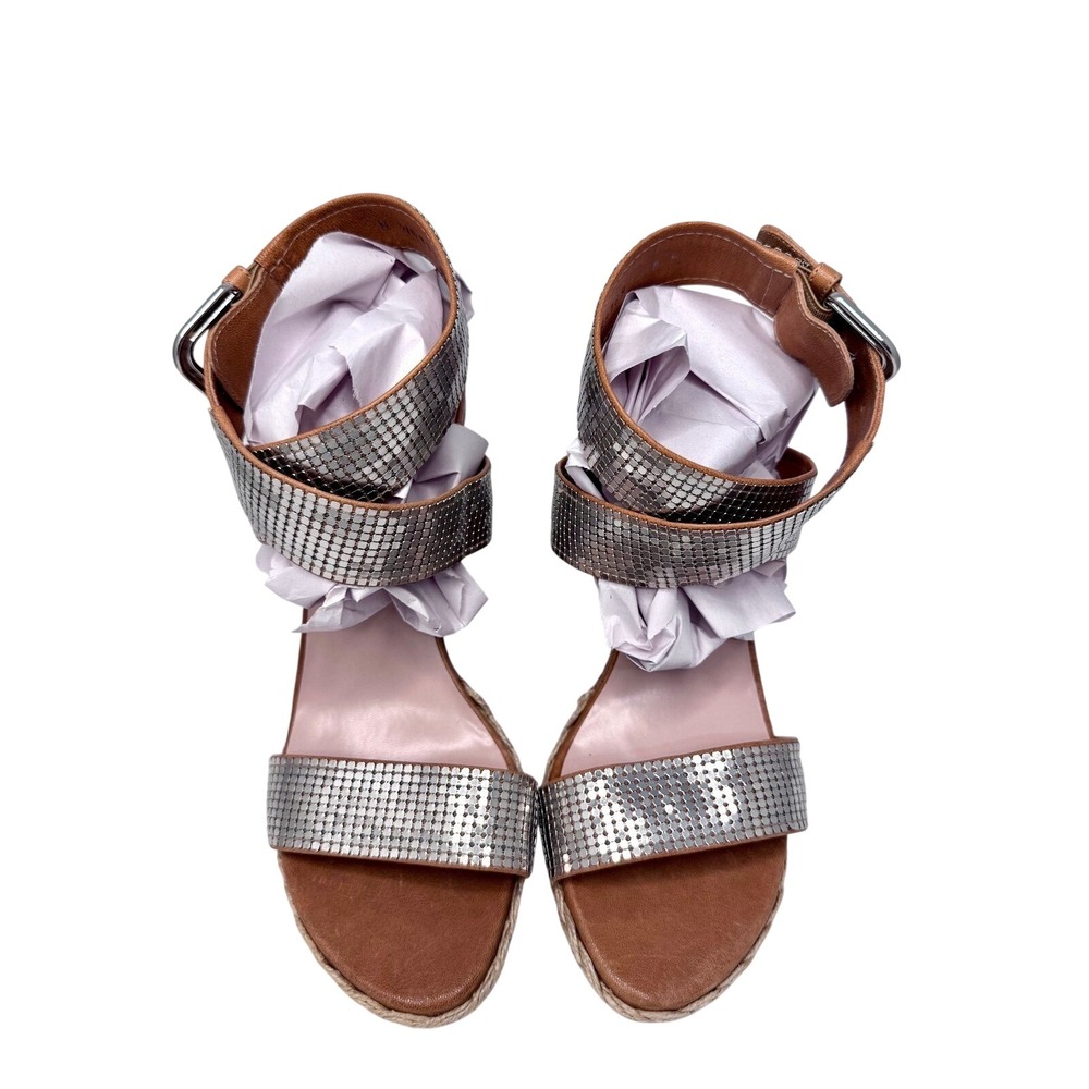 Stuart Weitzman Vintage Tan Leather Silver Chainmail Espadrille Wedge 8M W69188 - Picture 4 of 14